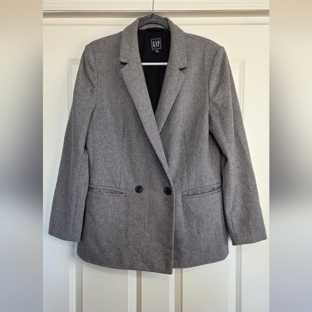 Gap Grey Herringbone Double-Breasted Wool Blend Blazer - Size 16